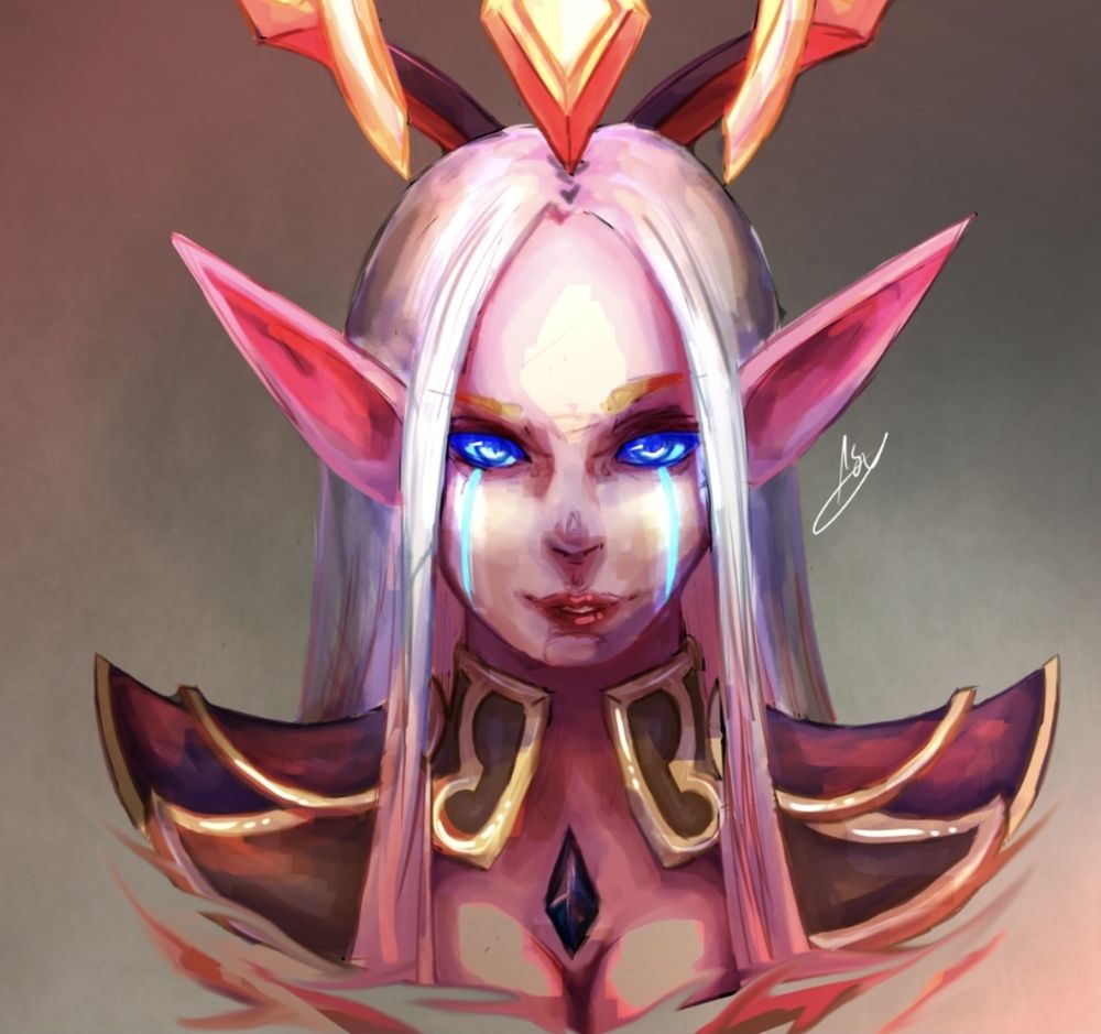 A fanart drawing of the character soraka from the game league of legends. It is a bust and the head is looking straight to the viewer. The colorascheme is mostly red, grey, white, purple and pink. Sorakas eyesare piercing blue and she grins