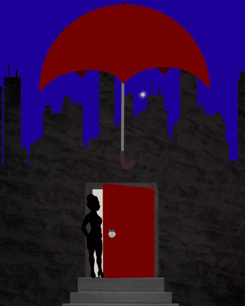 The Sex Work Historian’s International Sex Workers' Rights Day infographic. The image is of a dark city skyline. The skyline features a red umbrella (the international symbol for sex workers’ rights), an open red door, an outline of the Belle statue (another reference to sex workers’ rights), a star in honour of Venus/Aphrodite (the goddess ruling sex work), and the symbol for The Sex Work Historian (a grey multi-coloured peach). Image courtesy of Pumpkabooty.