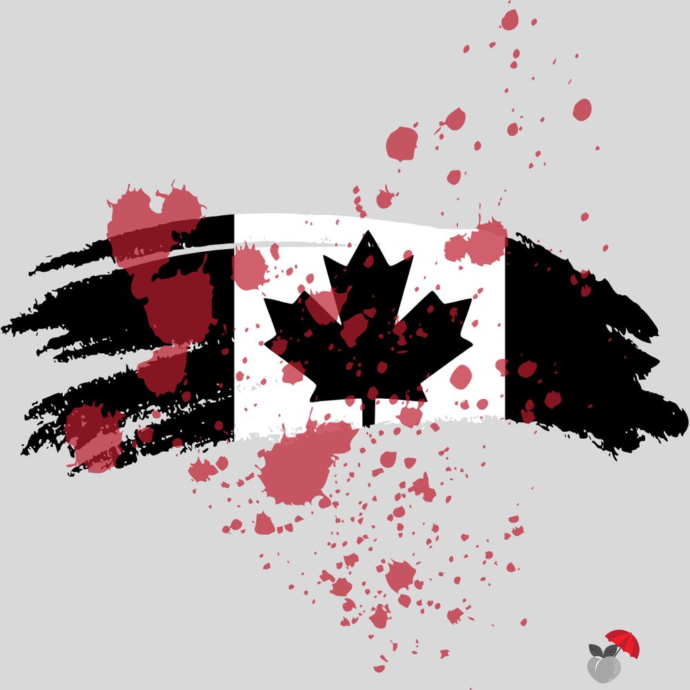 The Sex Work Historian’s Canada Day infographic. The image is of a black and white Canadian flag on a light grey background. The flag is covered in a blood splatter. The image also has The Sex Work Historian logo (a grey peach) and a red umbrella (the international symbol for sex workers’ rights).