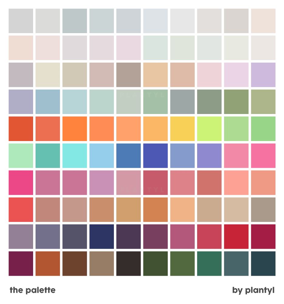 The preview photo. There are in total 100 colours displayed on it ranging from pastel to dark colours. The text at the bottom left corner reads "the palette", and the other one at the bottom right corner reads "by plantyl".