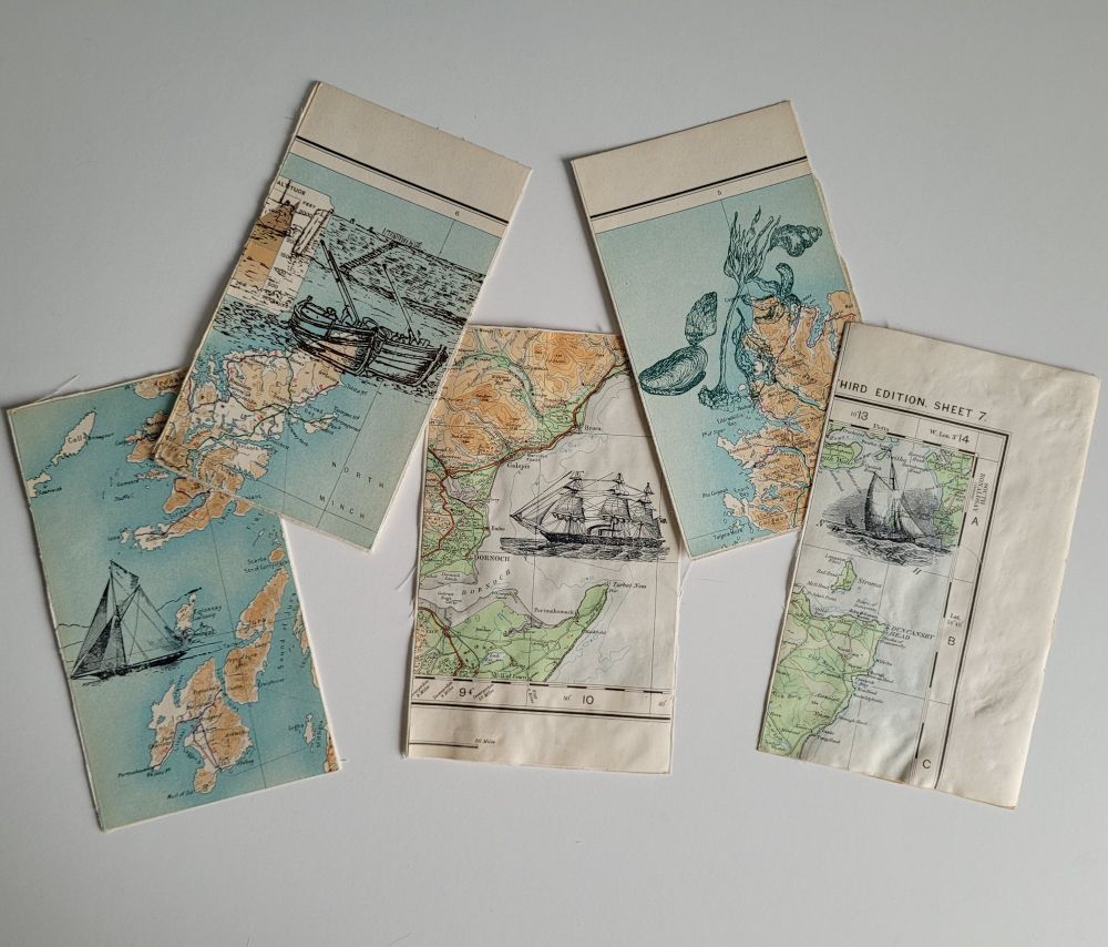 5 different map sections with print over ship on 3 and shells on 1 and harbour scene on another 