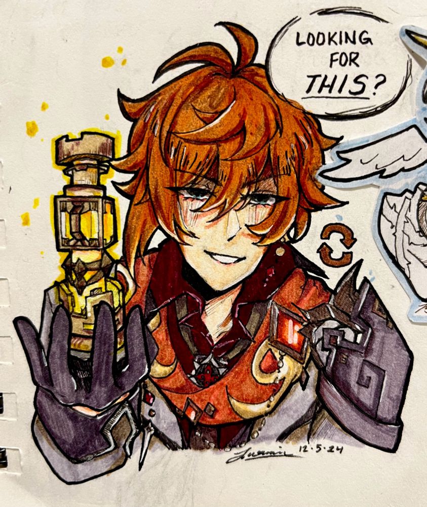 A traditional drawing of Zhongli from Genshin Impact. It depicts a role-reversal between him and Tartaglia/Childe, and what he'd potentially look like as the 11th Fatui Harbinger instead. He is smirking mockingly at the viewer (Childe's POV) while holding the geo gnosis in his hand. He's asking, "Looking for this?" 