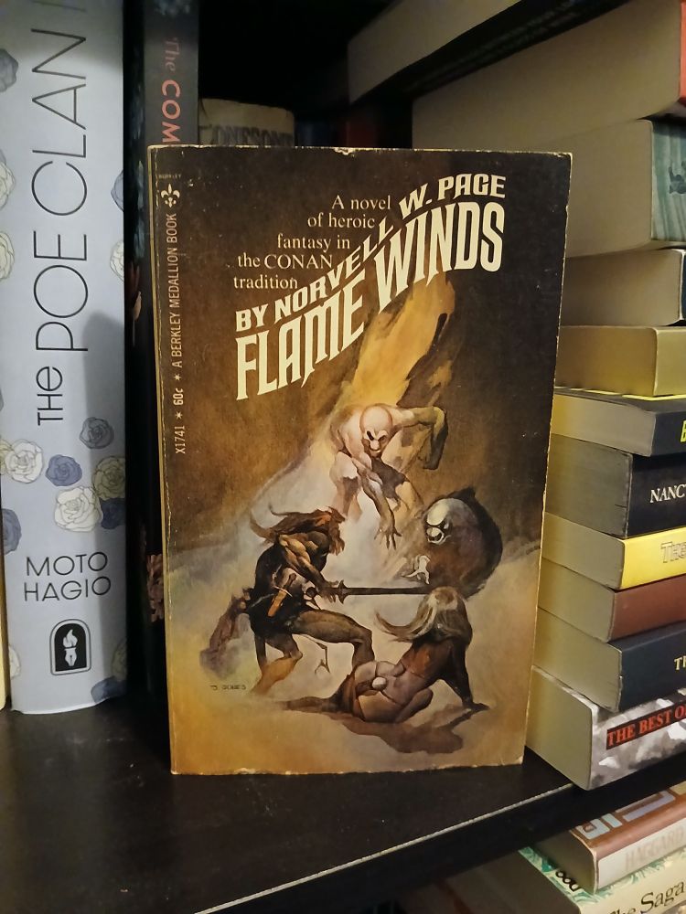 A paperback copy of 'Flame Winds' by Norvell W. Page on a shelf.