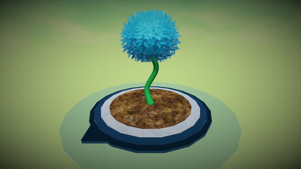 A plant with a green stalk, ending in a big and fluffy ball of light blue leaves.
