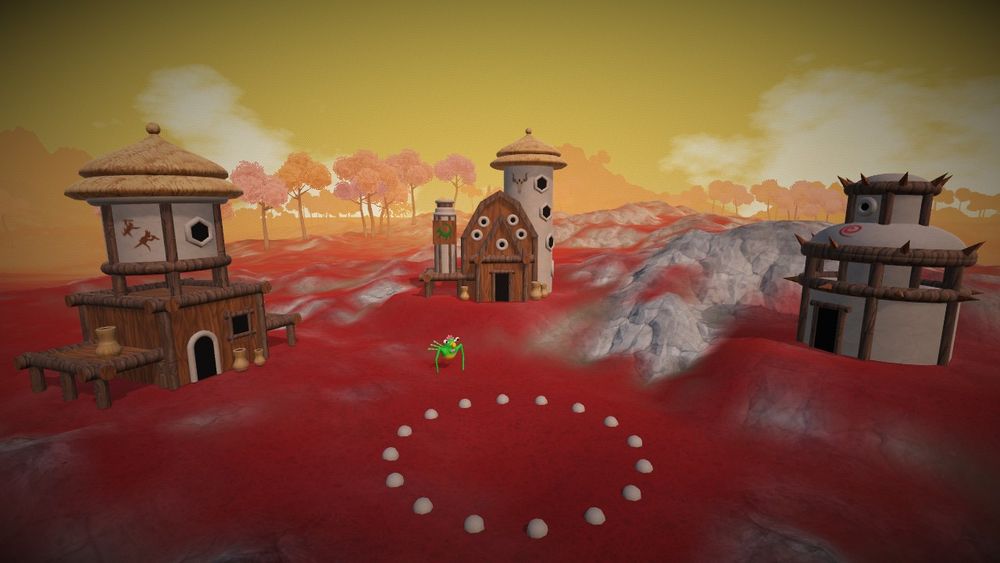 A creature standing next to a circle of stones, surrounded by three different huts.