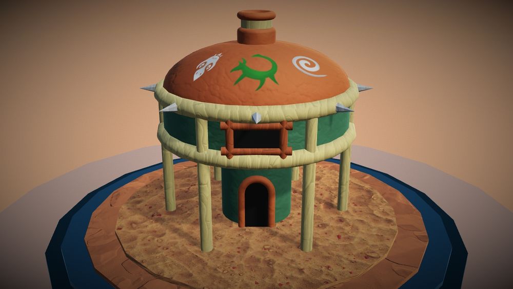 A mostly green and orange hut. The bottom part is small, while the top part is much wider and held up by pillars.