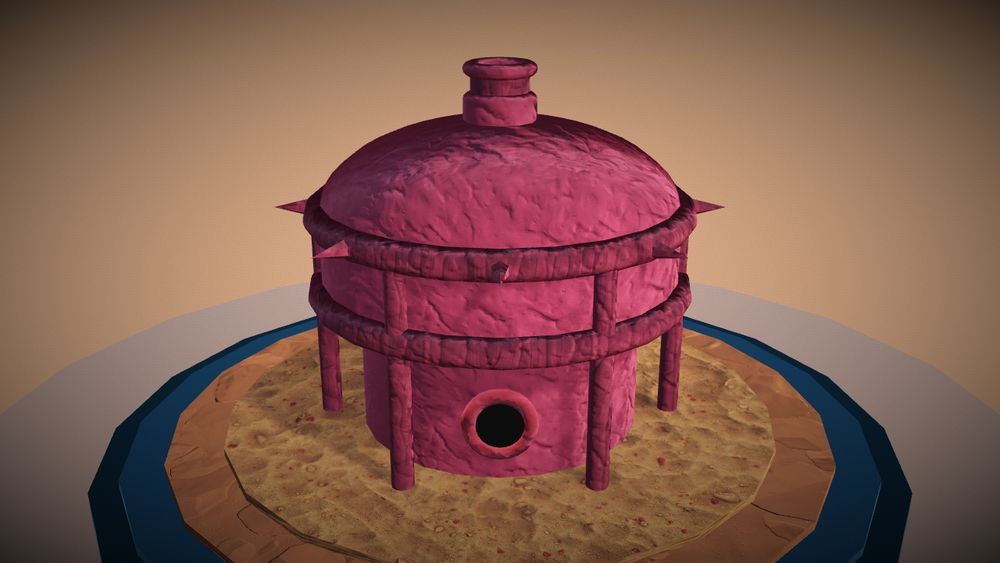 A hut completely made of a rough, pink material. It kind of looks like flesh.