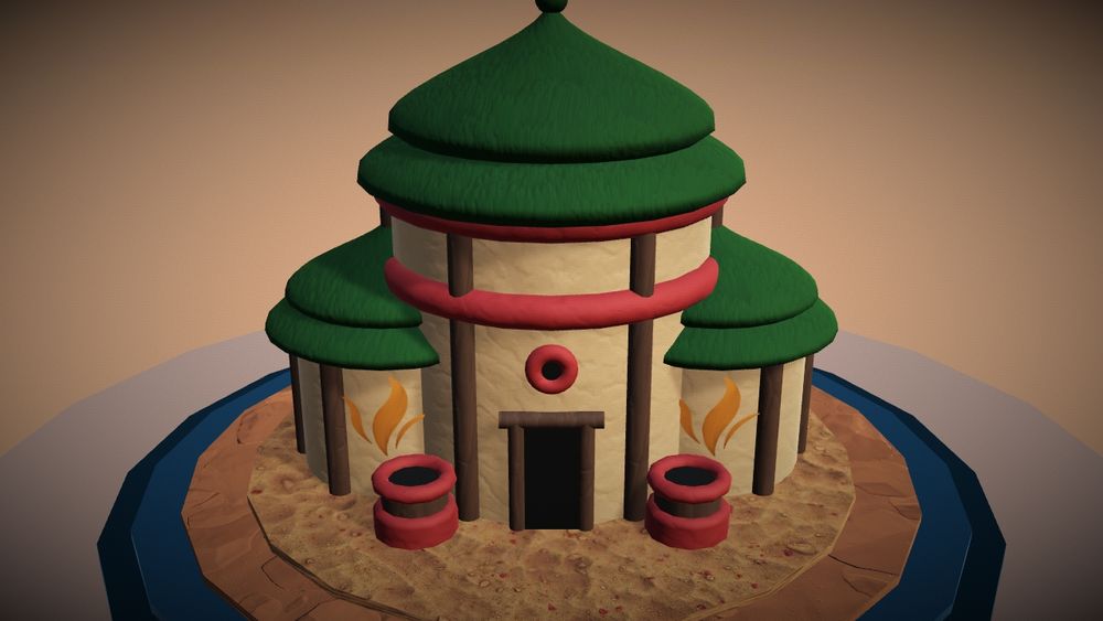 A beige and red hut with green roofs. It has a big main section with a smaller section on each side. They all have individual roofs. There are two brazier-like structures in front of the entrance.
