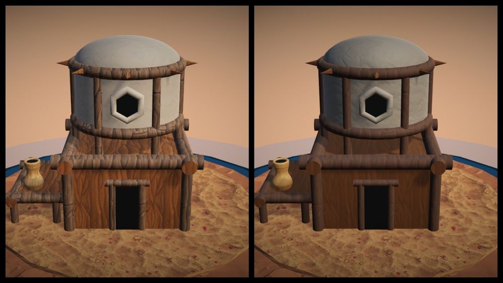 A hut before and after the shader update, showing the described changes.