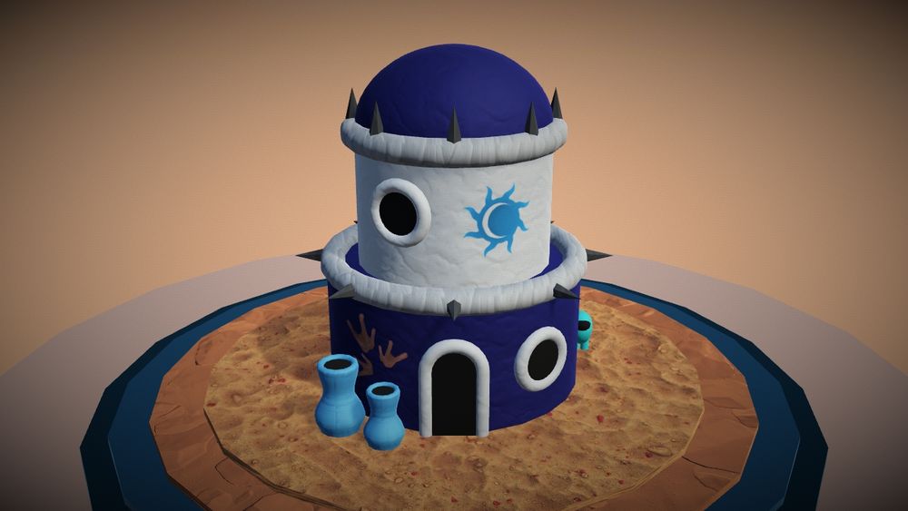A blue and white colored hut with a dome. It is decorated with black spikes and several decals. Two light blue vases are standing next to the door.