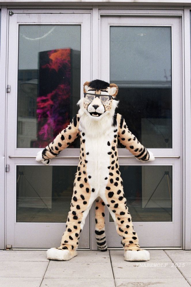 A photo of me in my cheetah fursuit, standing in front of a set of double-doors, with my hands holding them shut behind me.