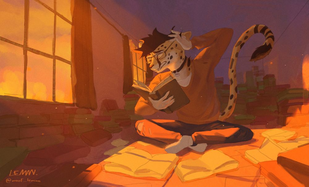 Panzica, an anthro cheetah, sitting among a pile of books, and he is frantically looking through one in his hand. He is pulling his hair back with one hand, and you can see a sunset glow in the room.
