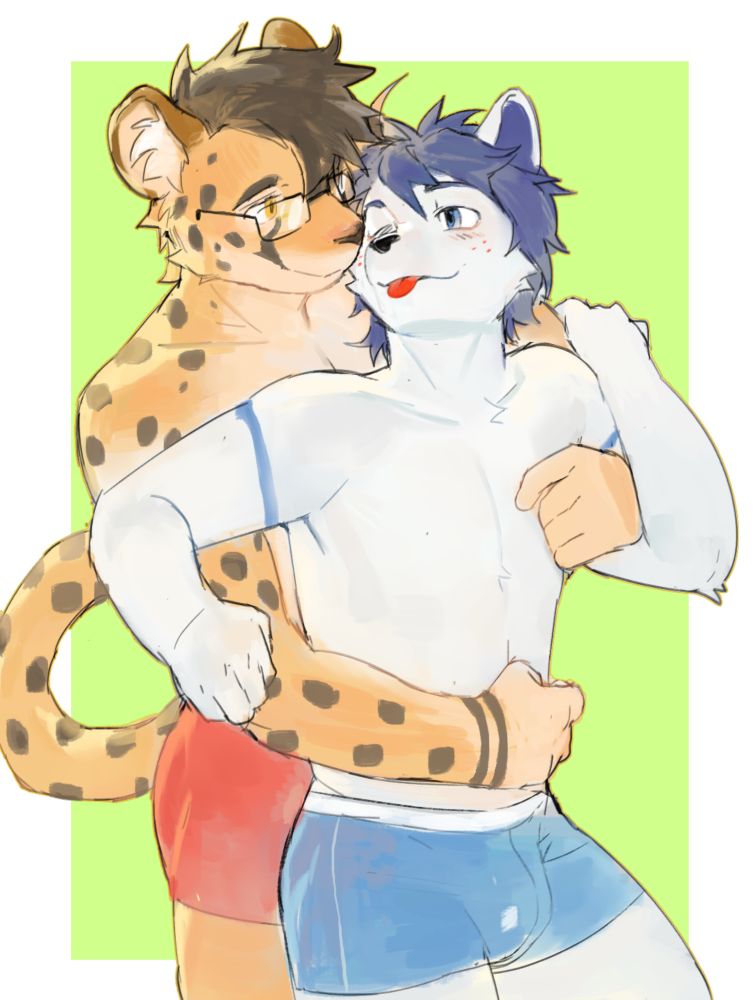 A depiction of my cheetah character with Lavastan’s white furred, blue haired wolf character. I am embracing him from behind, with my hands on his chest and stomach. We are both only wearing underwear, red and blue respectively. Lava has his tongue out, blushing.