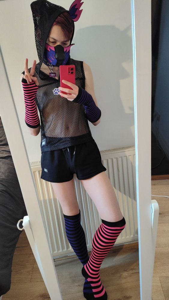 Pup Lint wearing a sleeveless mesh hoodie and other very practical clothing
