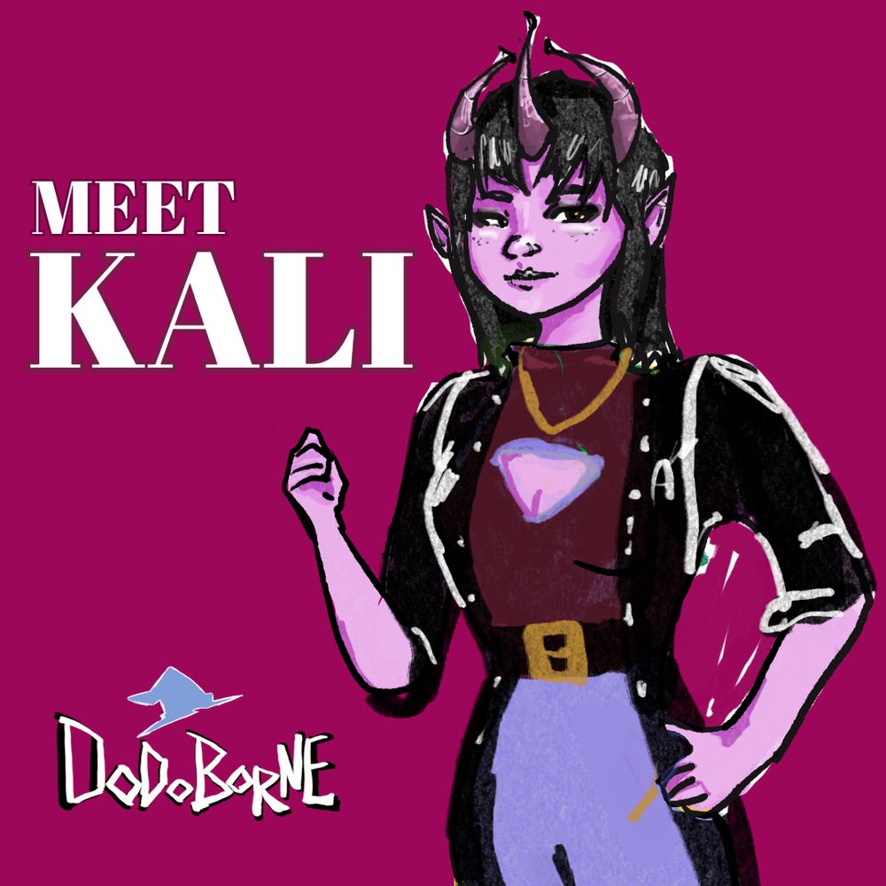 A fuchsia colored Inferni woman with dark clothing and three horns 