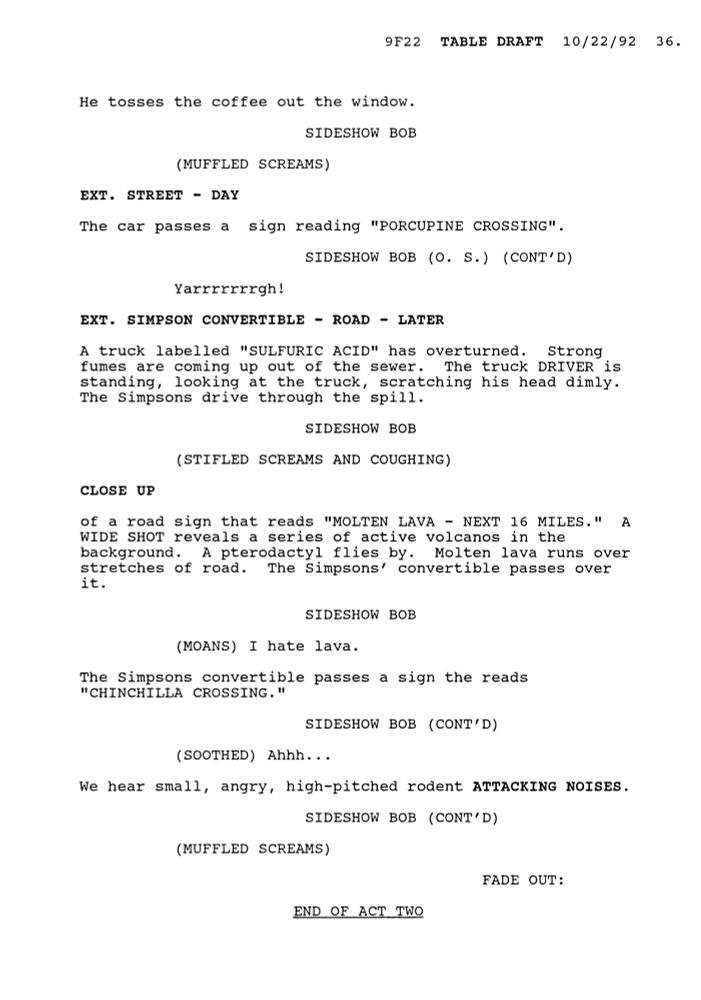 Page from an early draft of The Simpsons episode 