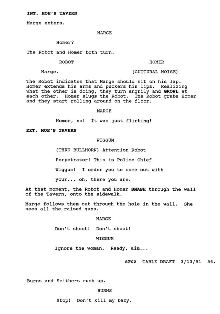 Page from an early draft of The Simpsons episode 