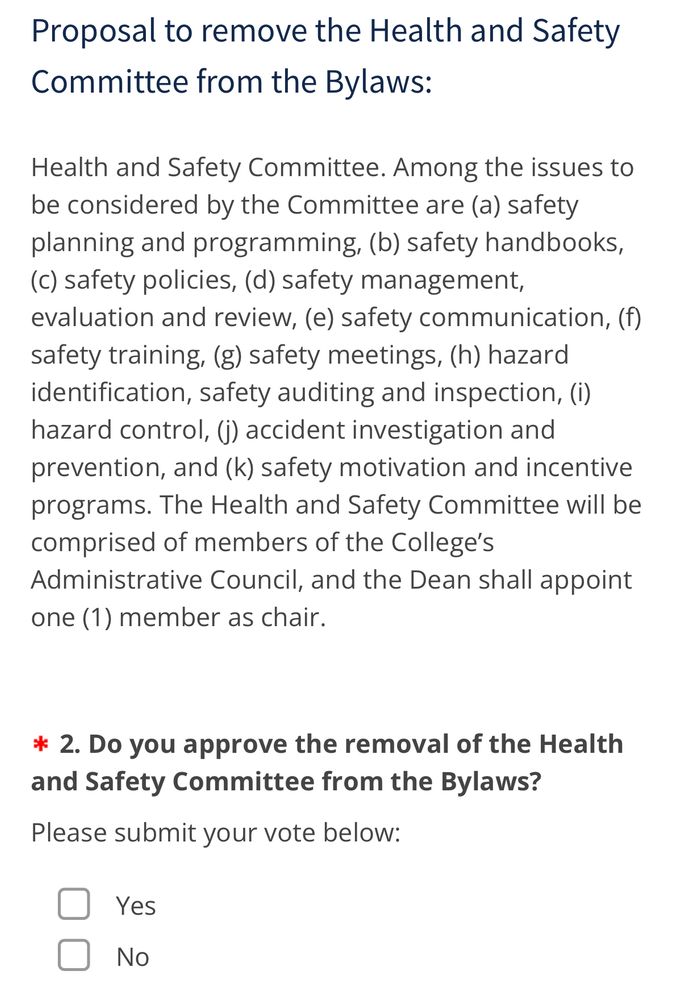 Survey from the College of Applied Sciences proposing the removal of a Health and Safety Committee.