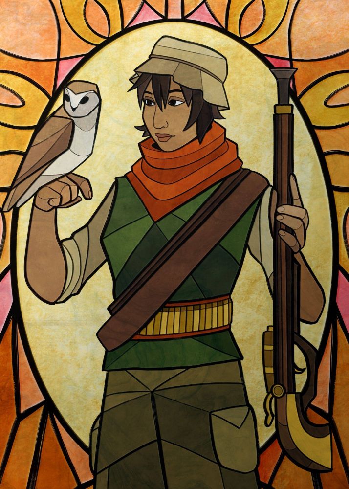 Stained glass character art of Yara from Dastardly Dungeoneers Hell-Fired Heroes