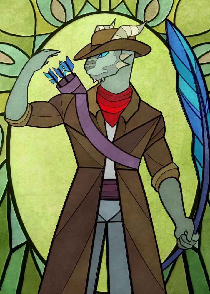 Stained glass character art of Thalia from Dastardly Dungeoneers Hell-Fired Heroes