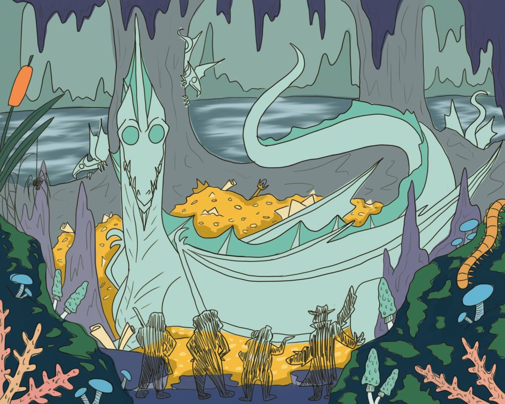 A flat colored sketch detailing an Ancient Deep Dragon and her babies from Dastardly Dungeoneers: Hell-Fired Heroes