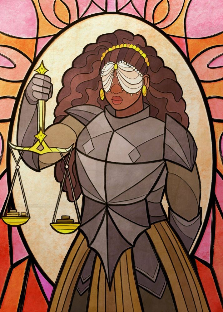 Stained glass character art of Judicia from Dastardly Dungeoneers Hell-Fired Heroes