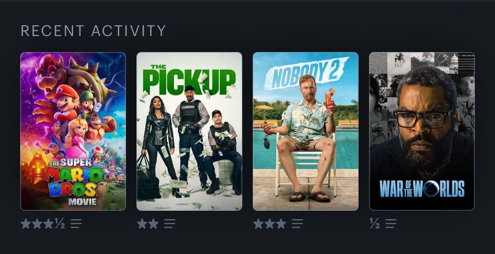 Last four watched, War of the Worlds (2025), Nobody 2, The Pickup, The Super Mario Bros. Movie. 