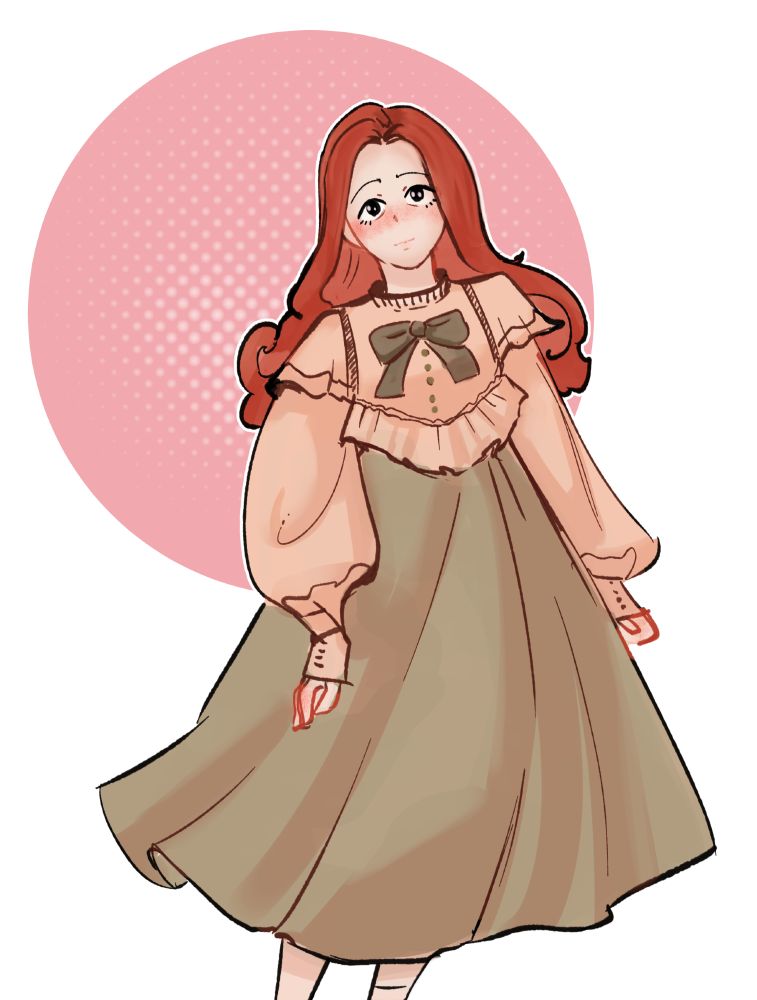 A cheerful cartoon girl with vibrant red hair, dressed in a warm green playful dress, smiling with joy.  