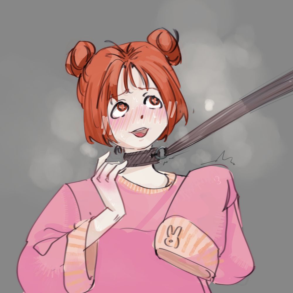 a digital illustration of a lady with red hair made in buns looking at somone away while touching a dog leash being pulled on her neck. She looks excited and a little shy. She is wearing a long sleeve pink hoodie with  small symbol of a bunny on the right sleeve
