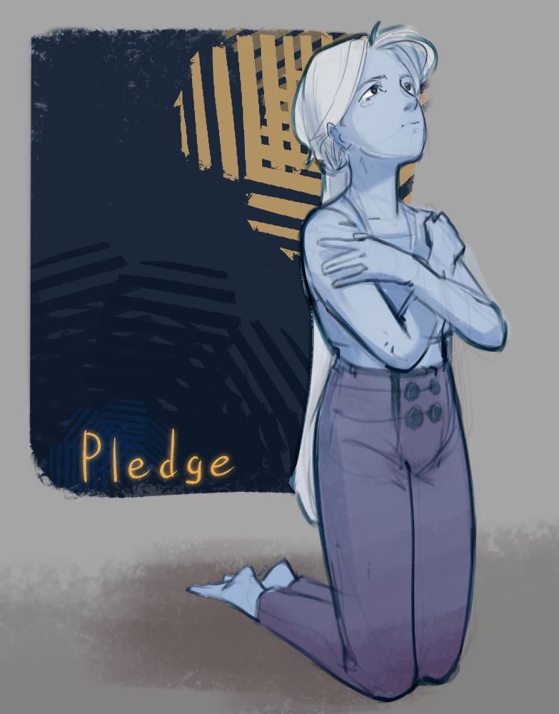 A  a sketch of a girl with blonde hair and blue eyes kneels down on the ground.   She crossed her arms on her chest and is looking up. The background is simple shapes and the title of the reference photo: pledge