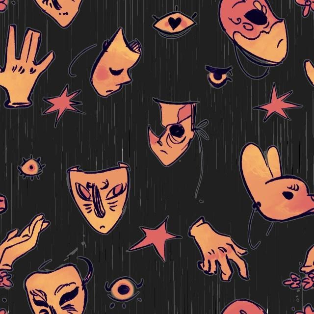 A digital illustration of many dull orange masks with confused or sad expressions floating in muddy green space. There are also 3 stars and 3 hands 
