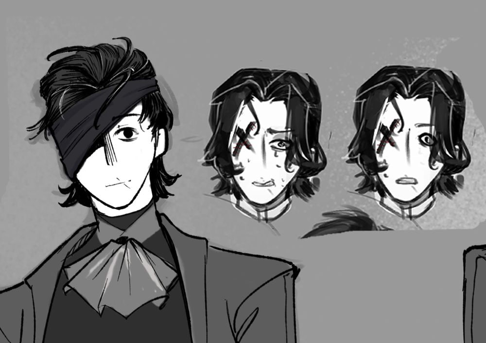 A digital grayscale portrait of a man with black hair. half of his face is covered with a scarf and he has a small scar over his lips. on the right there are surprised and stressed face expressions of the same guy but without the scarf. His hair is falling over his cheeks and insted of one eye he has a big black cross.