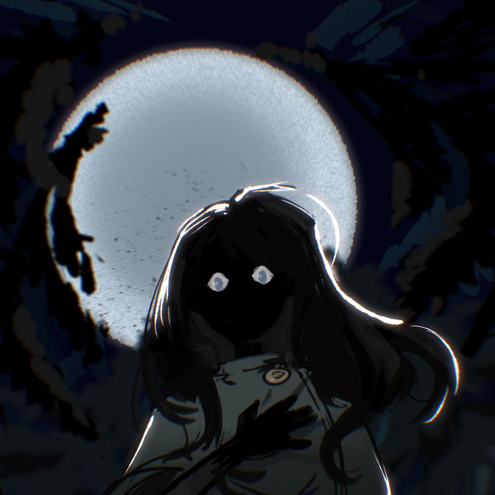 A girl with dark hair poses against a bright full moon in the middle of the forest. You can't see here face, only eyes and her silhouette as she presses her hand against her chest