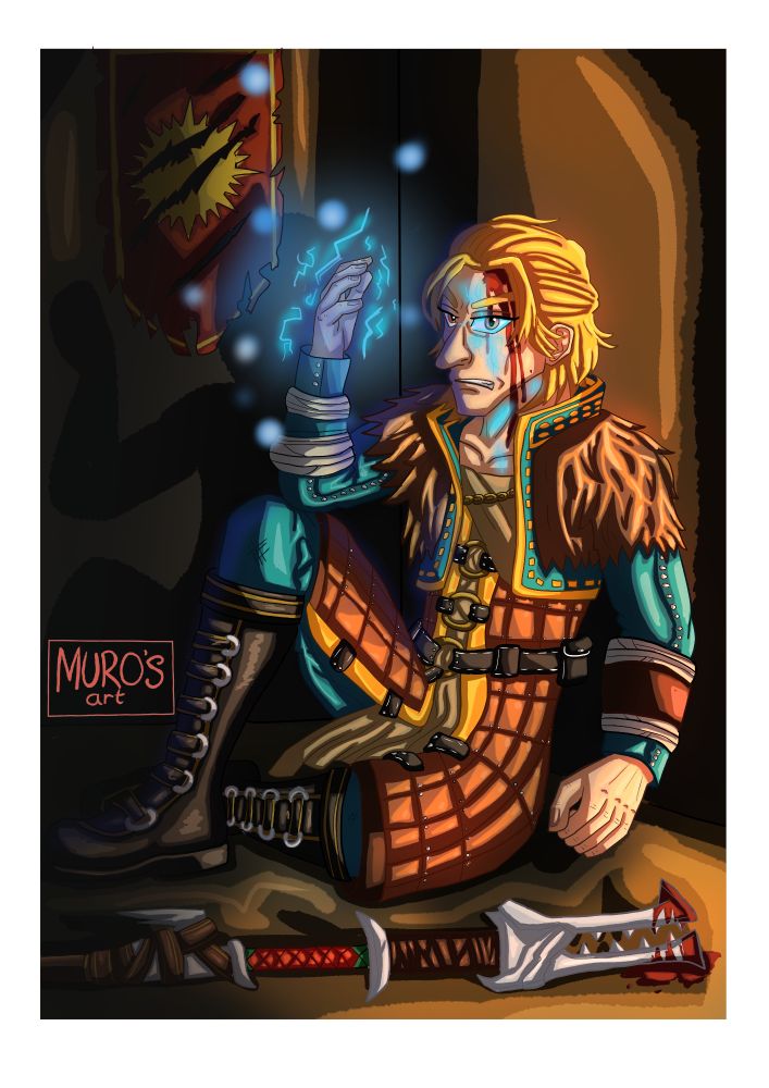 Anders from Dragon Age 2, sitting down with his back to a wall. He is bleeding from his head as his bloodied staff lies on the ground in front of him. He is casting some magic within his hand as the magic is also coursing through his face. A poster of the chantry is in the background ripped and torn through. 