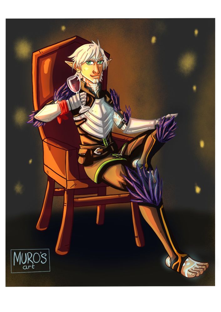 Fenris from Dragon Age 2 sits in a formal armchair with one leg crossed over the other. He lounges back as he has a glass of wine in hand. The image is surrounded by a warm glow. 