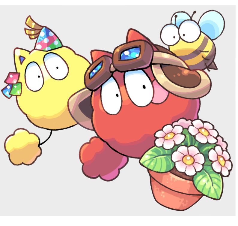 A pot of white flowers in front of Baron Spoof, Party Spoof, and a bee.