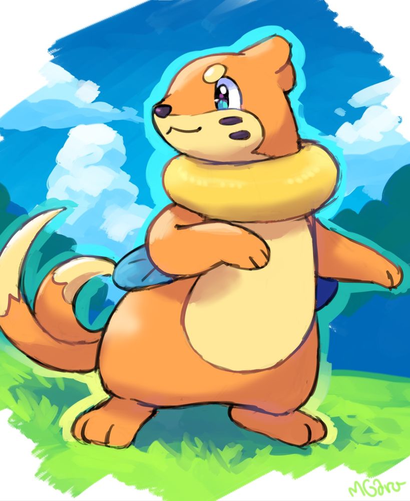 The Pokemon Buizel poses in a meadow.