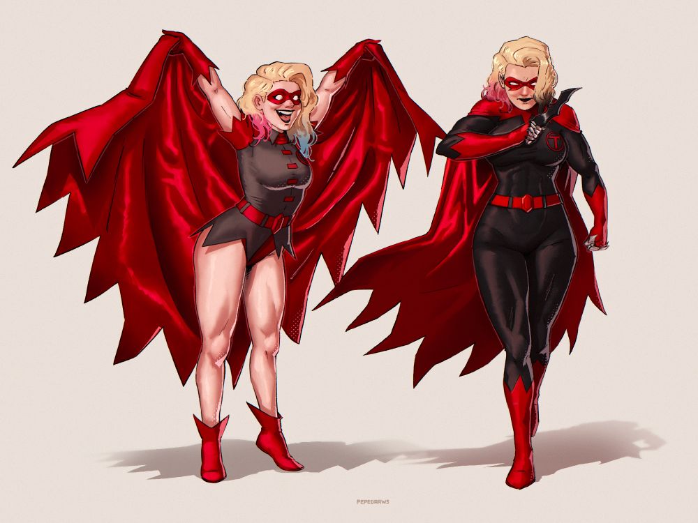 The Harley on the left is smiling widely while holding her cape up like wings. She's wearing a red domino mask and elf boots, and a dark grey tunic over a red leotard, baring her legs. The ends of her hair are dyed pink on the left and light blue on the right. 

The Harley on the right has a few years as Talon behind her and is far more serious, wearing a full-body costume. She is holding a batarang in her right hand like a knife. The ends of her hair are dyed light red on the left and black on the right. She is thinner and more muscled but also more tired. 