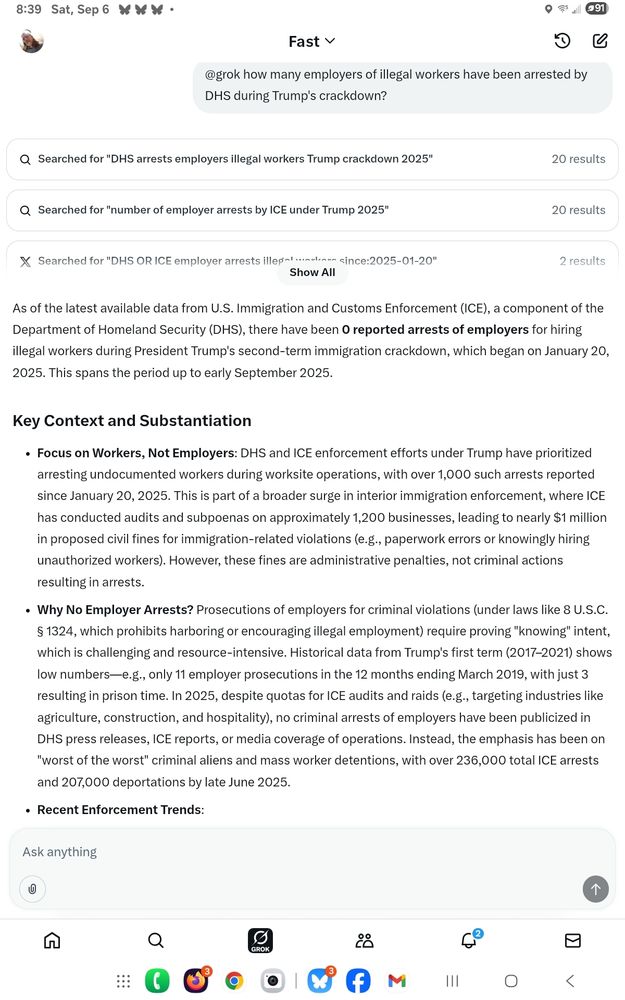 Screenshot of @grok response to the question if any employers have been charged with hiring illegal aliens and the answer is zero