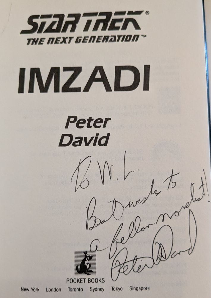 The title page of "Imazdi" by Peter David, autographed with the inscription: "To W.L. Best wishes to a fellow novelist!"