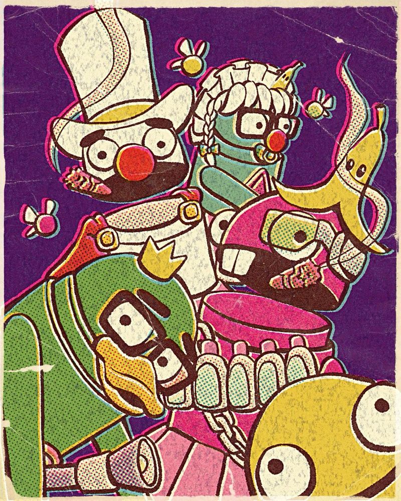 A very colorful dorky crew of 5 r.e.p.o. Characters with lots of mod items like beaks, glasses, clown noses and funny eyebrows in a vibrant retro comic style 