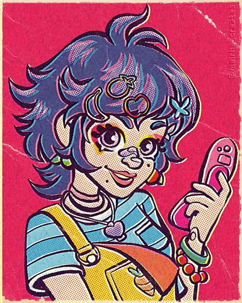 retro comic style illustration of mandi with her fliphone smiling into the camera. the colors are very vibrant.
