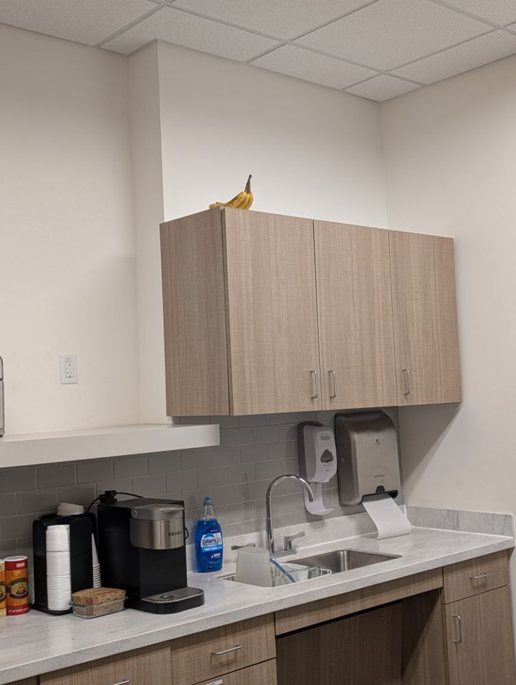 A work place kitchen with a few bananas sitting way up high on top of a cabinet above the sink out of reach.