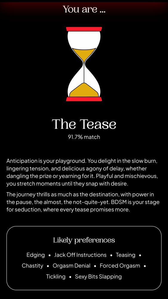 Some web site bdsm quiz result: 91.7% "The Tease"