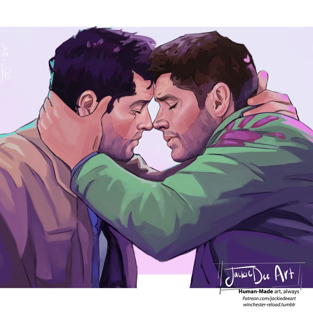 a profile view of Dean and Castiel leaning foreheads together. Cas looks softly at Dean while Dean has his eyes closed, all up in his feels. They hold the backs of each other's necks pushing the bloody handprint on Dean's shoulder into the forefront of the image. This image is not AI.