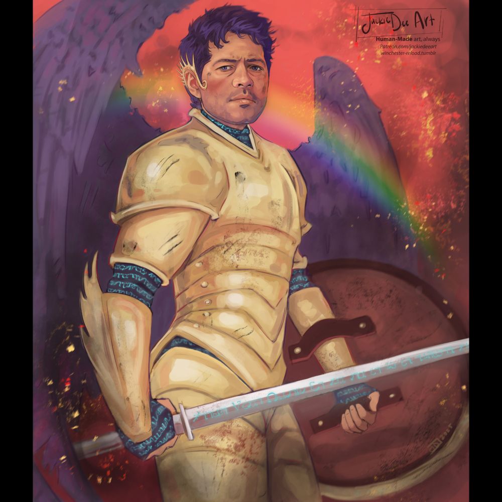 Castiel stands with a fiery background, dressed in gold armor with enochian accents beneath. His wings spread out behind, with an arching rainbow between, while he looks softly toward the viewer. He holds a shield in one hand and a longsword in the other.