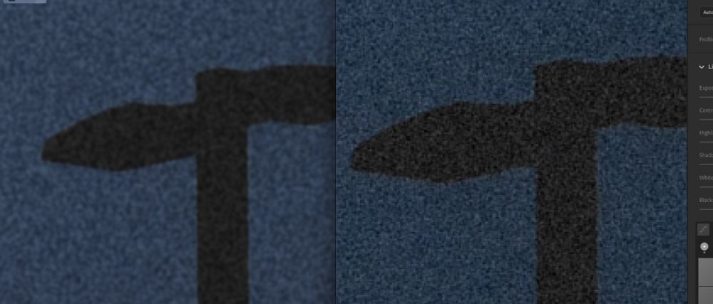 Two zoomed in photos of a silhouette of a  streetlight side by side, the left one is slightly blurrier than the right one.
