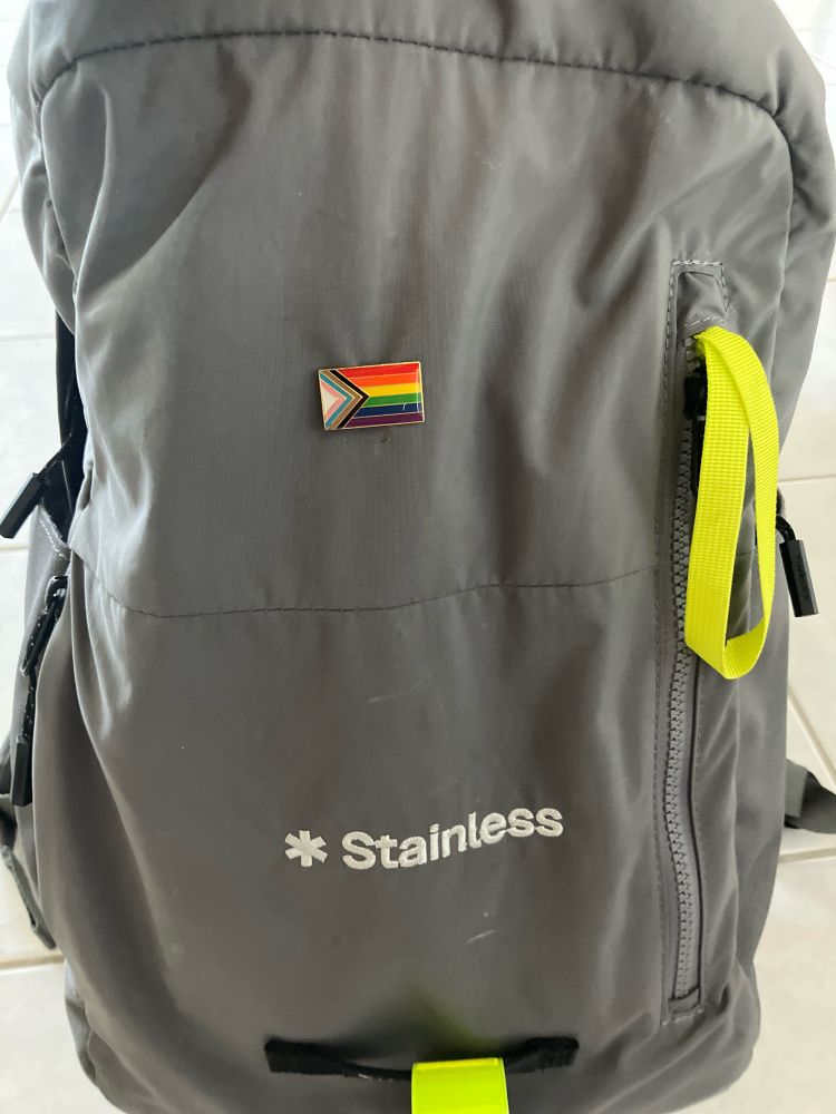 Small grey backpack with a pride flag pin 