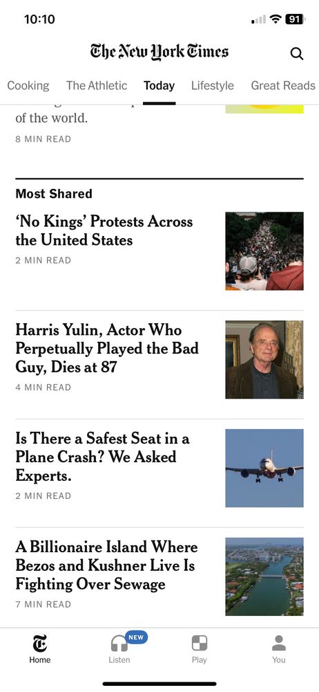 List of most shared article on the New York Times App. The first is ‘No Kings’ Protests Across the United States 