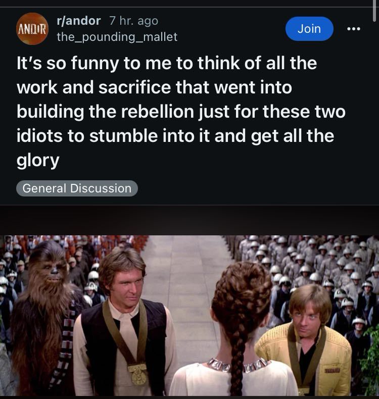 A screenshot of a Reddit post with the image of Han Solo and Luke Skywalker receiving medals after the Battle of Yavin. The title reads “It’s so funny to me to think of all the work and sacrifice that went into building the Rebellion just for these two idiots to stumble into it and get all the glory.”